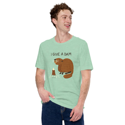 A man showing off the beaver short-sleeved t-shirt in the mint color.