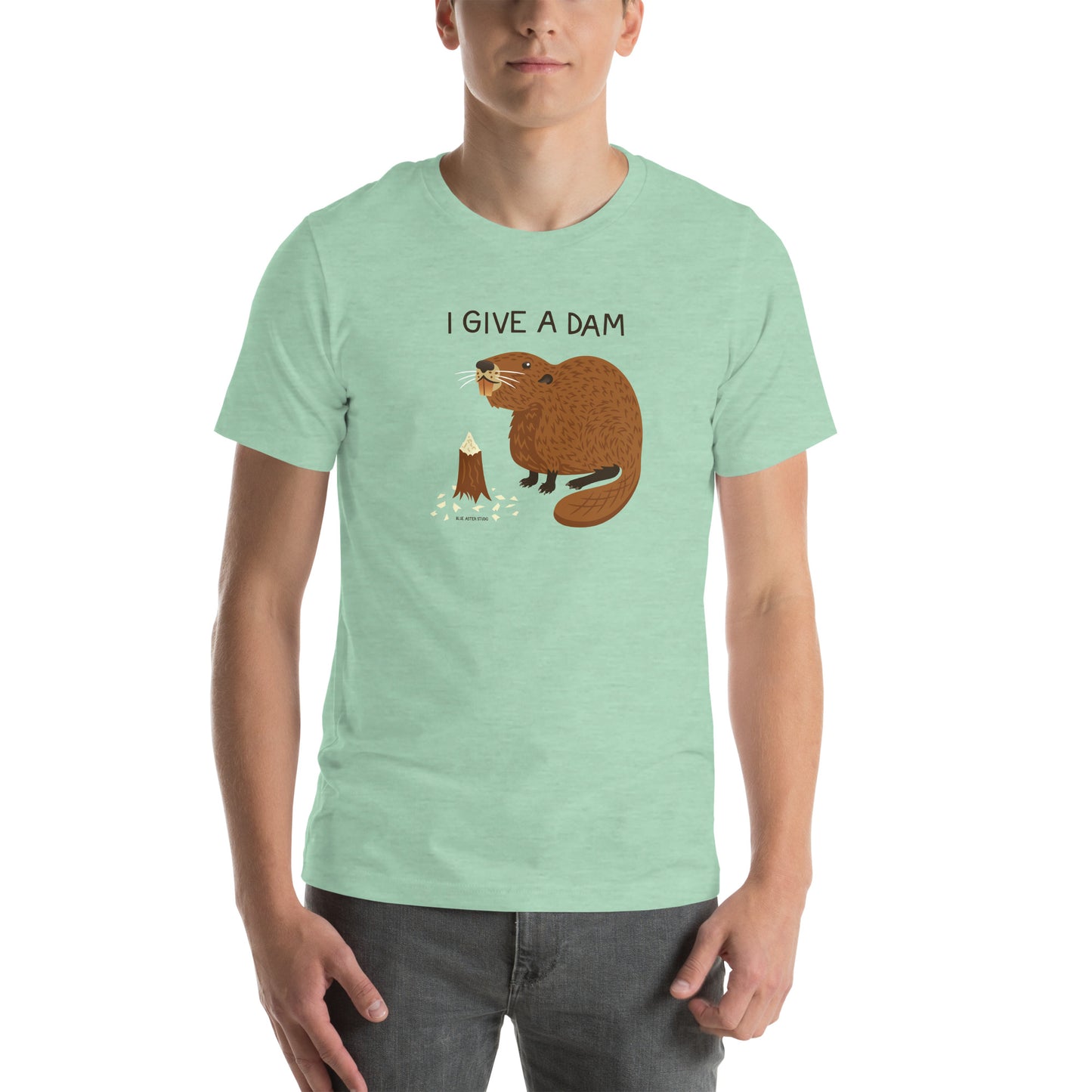 A man modeling the unisex beaver t-shirt in the mint color.