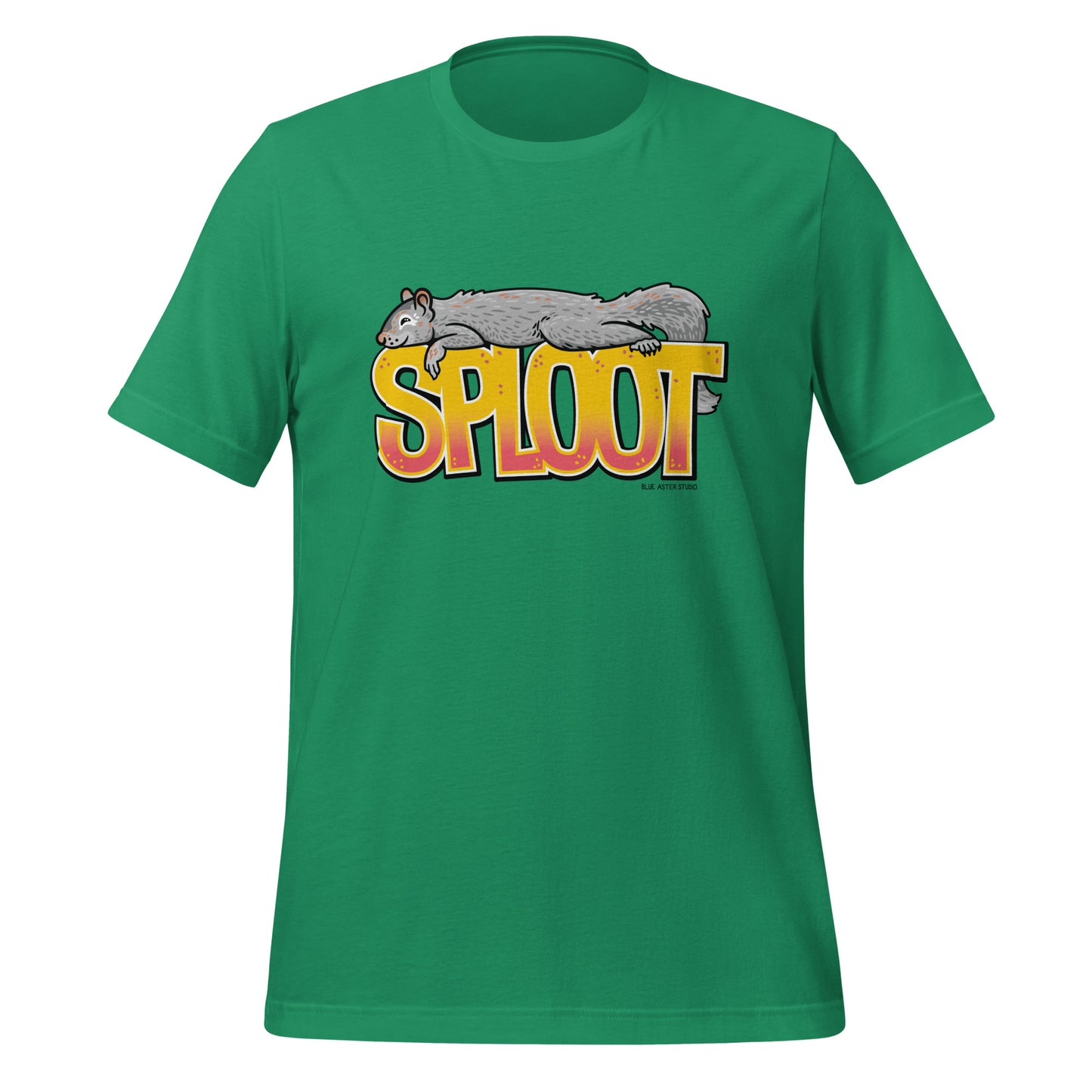 A green unisex short-sleeved t-shirt with an image of a squirrel splooting on the front.