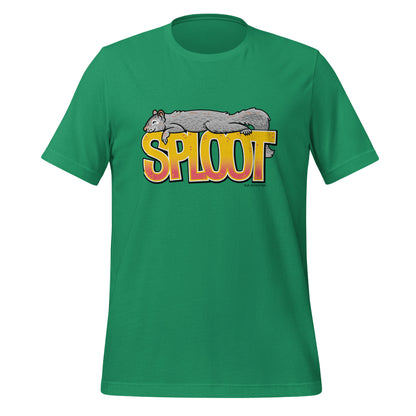 A green unisex short-sleeved t-shirt with an image of a squirrel splooting on the front.