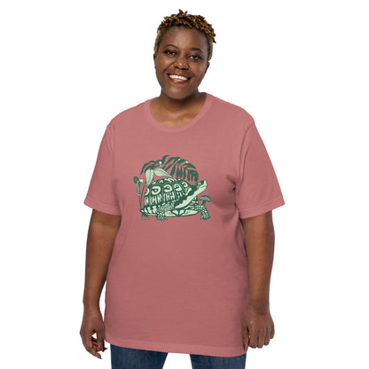 A model wearing the mauve colored box turtle tee.
