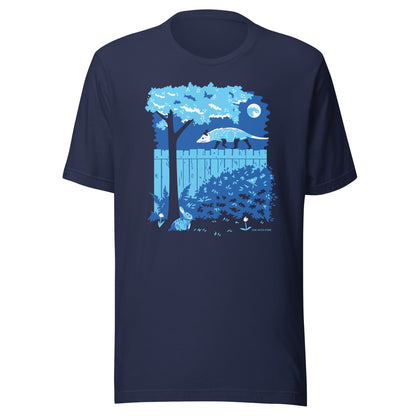 A navy blue short-sleeved t-shirt with an image of an opossum walking on a moonlit fence while a rabbit and a luna moth printed on the front.