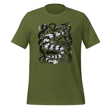 An olive green short-sleeved t-shirt with seven snakes printed on the front in black and white.