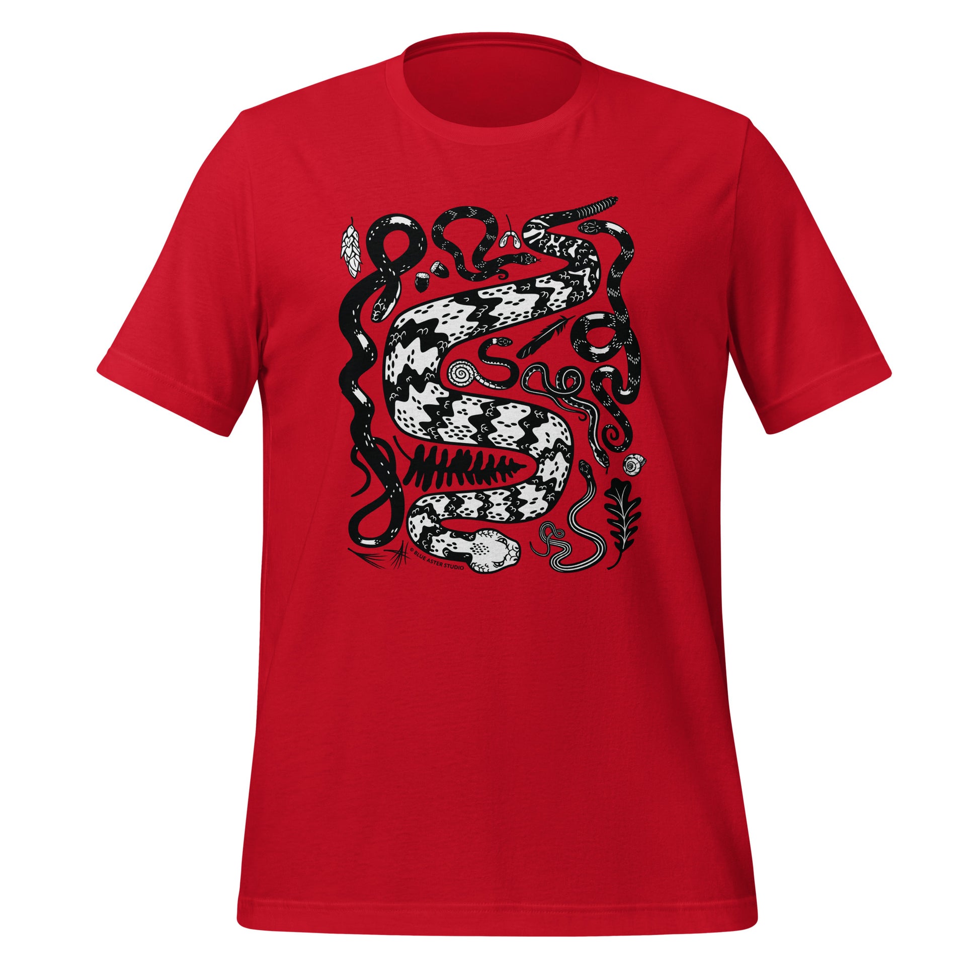An red short-sleeved t-shirt with seven snakes printed on the front in black and white.