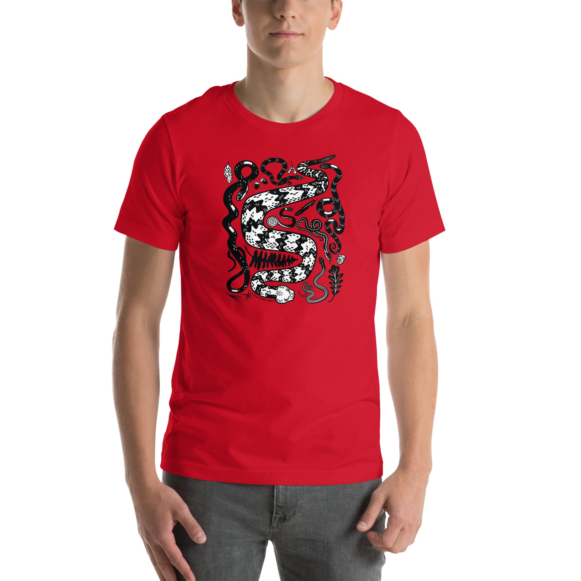 A model showing off the red seven snakes tee.
