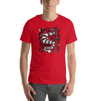 A model showing off the red seven snakes tee.