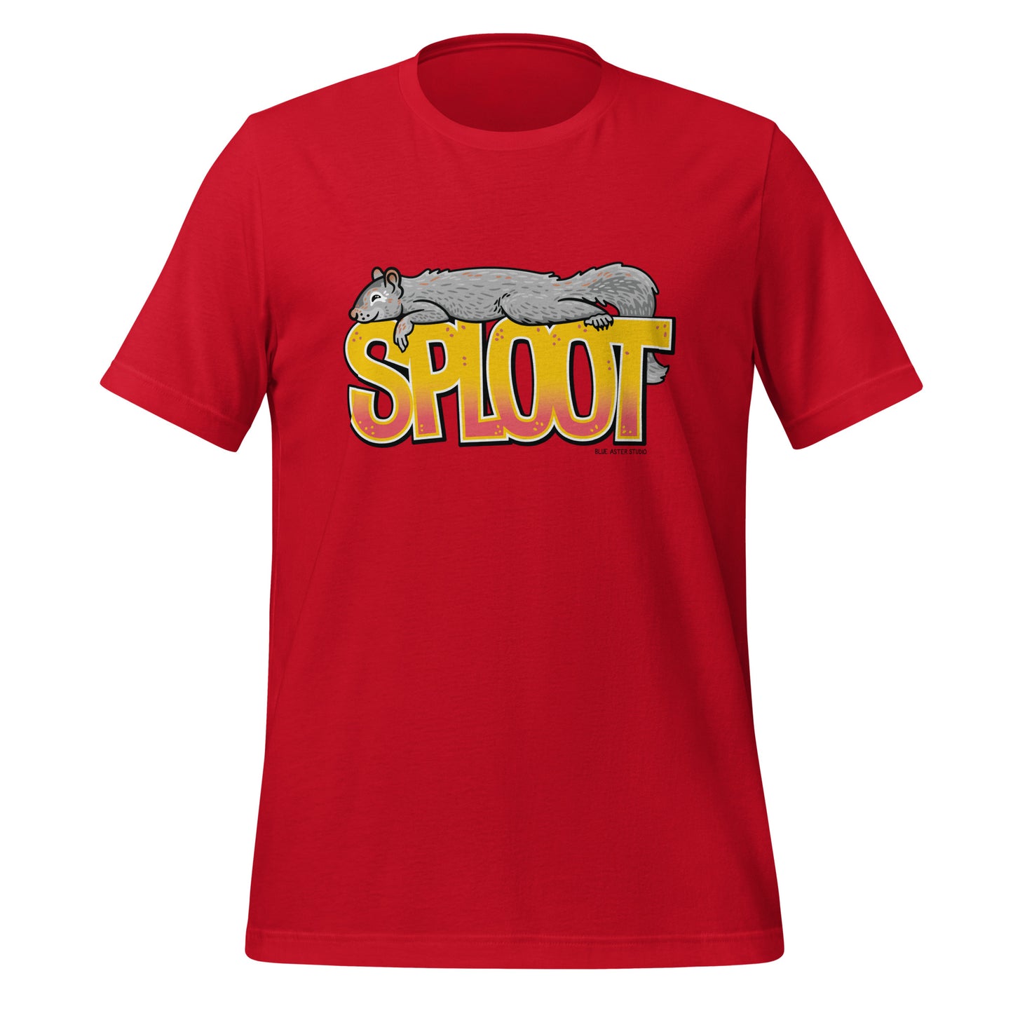 A red unisex short-sleeved t-shirt with an image of a squirrel splooting on the front.