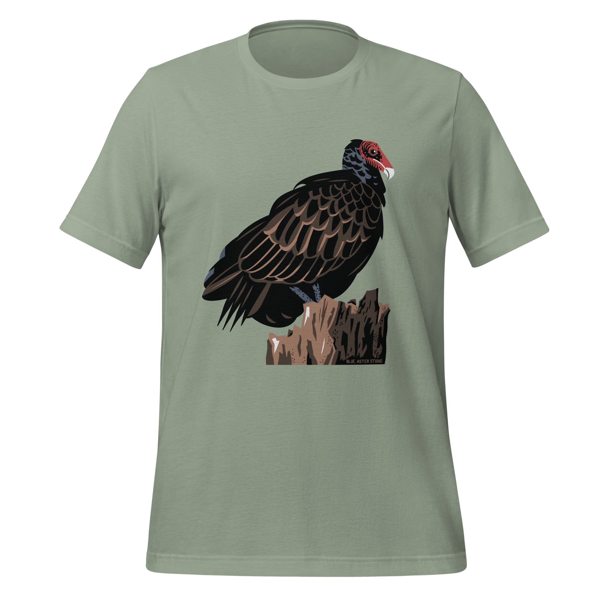 A sage green t-shirt with a majestic turkey vulture printed on the front.