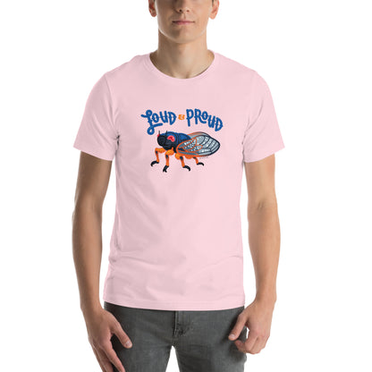 A man modeling the soft pink cicada t-shirt.