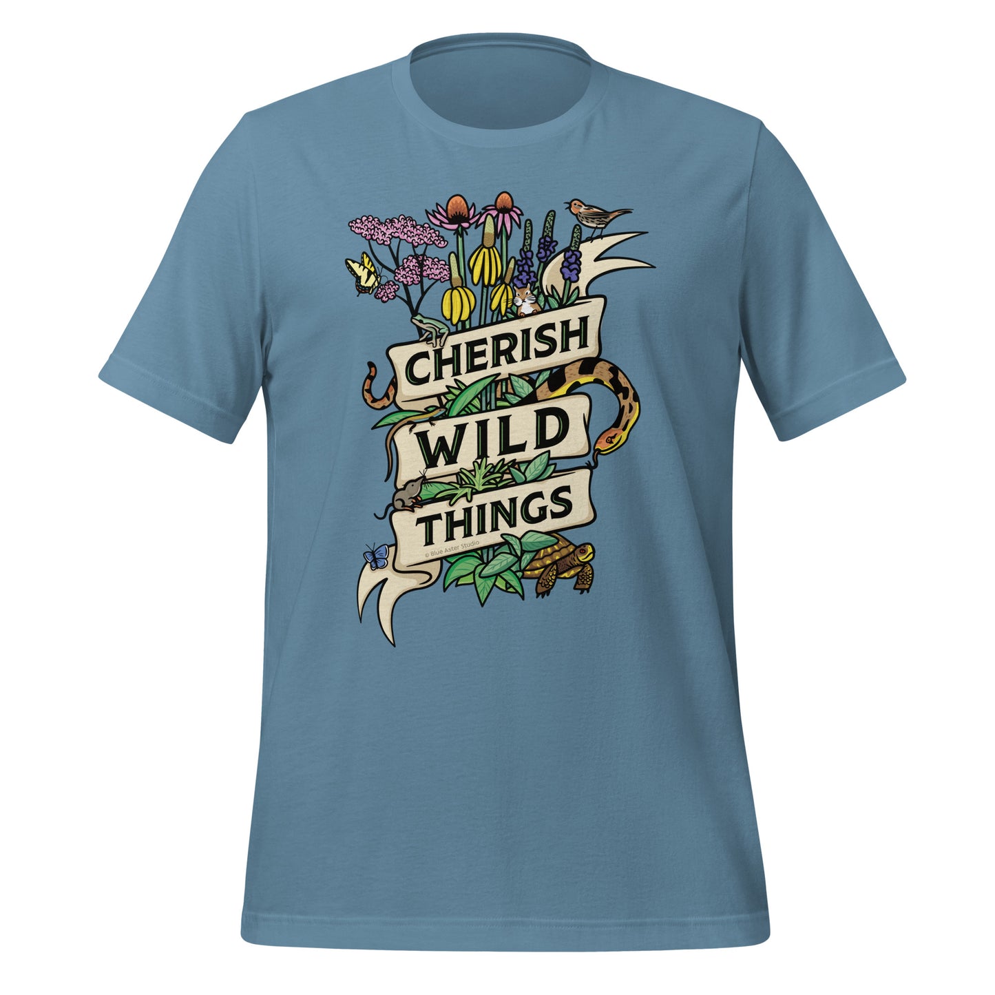 A blue Cherish Wild Things t-shirt.