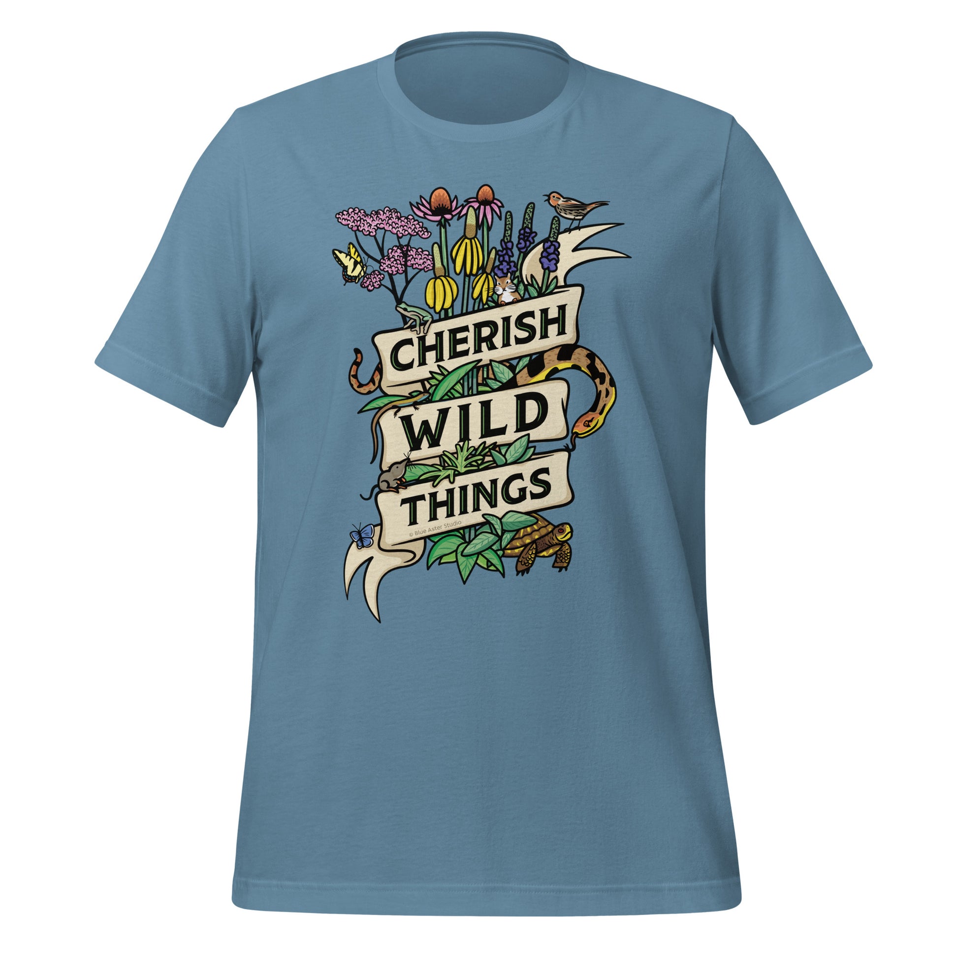 A blue Cherish Wild Things t-shirt.