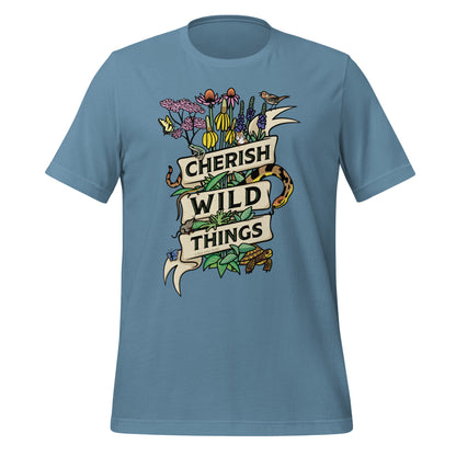 A blue Cherish Wild Things t-shirt.