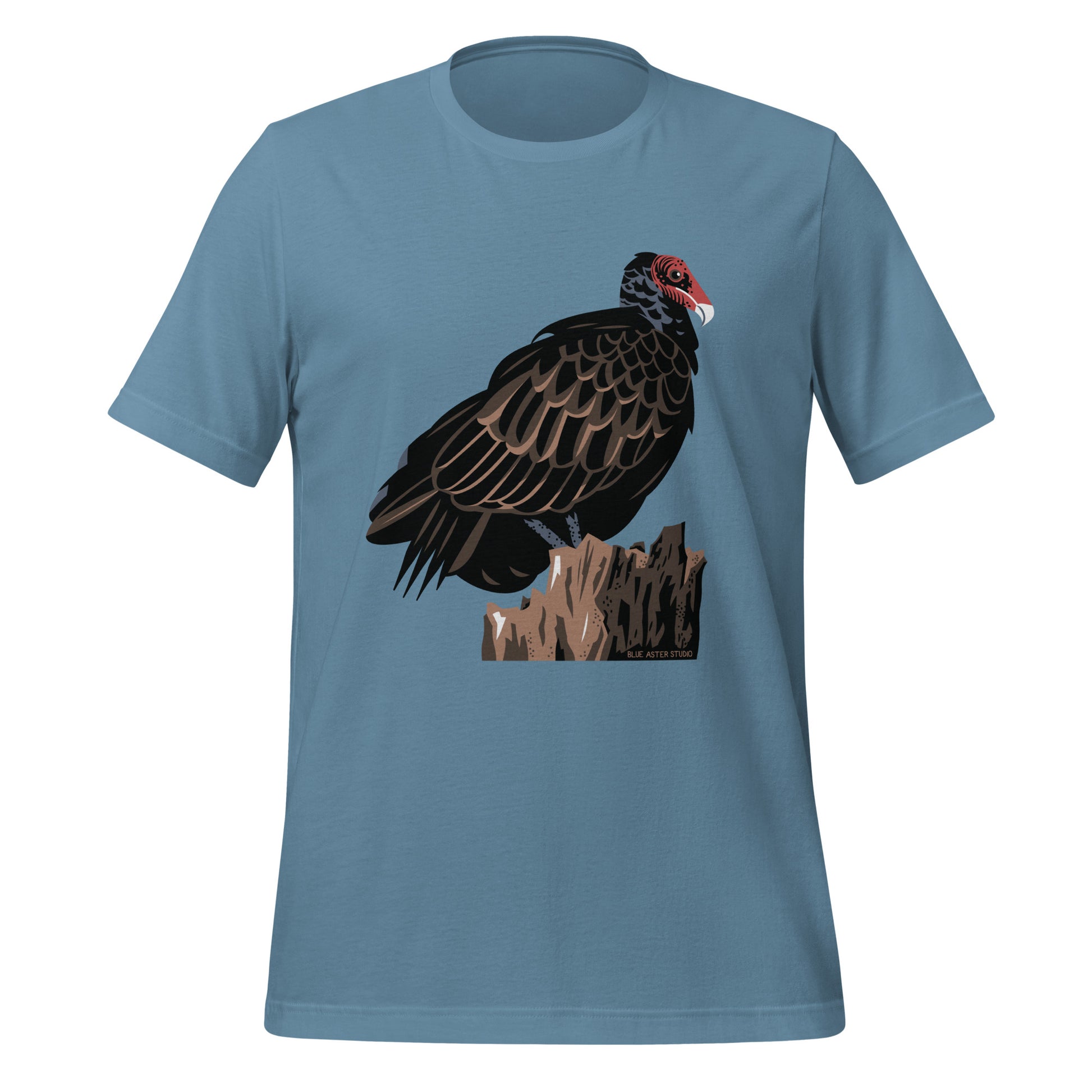 A blue shirt with a majestic turkey vulture printed on the front.