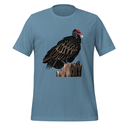 A blue shirt with a majestic turkey vulture printed on the front.