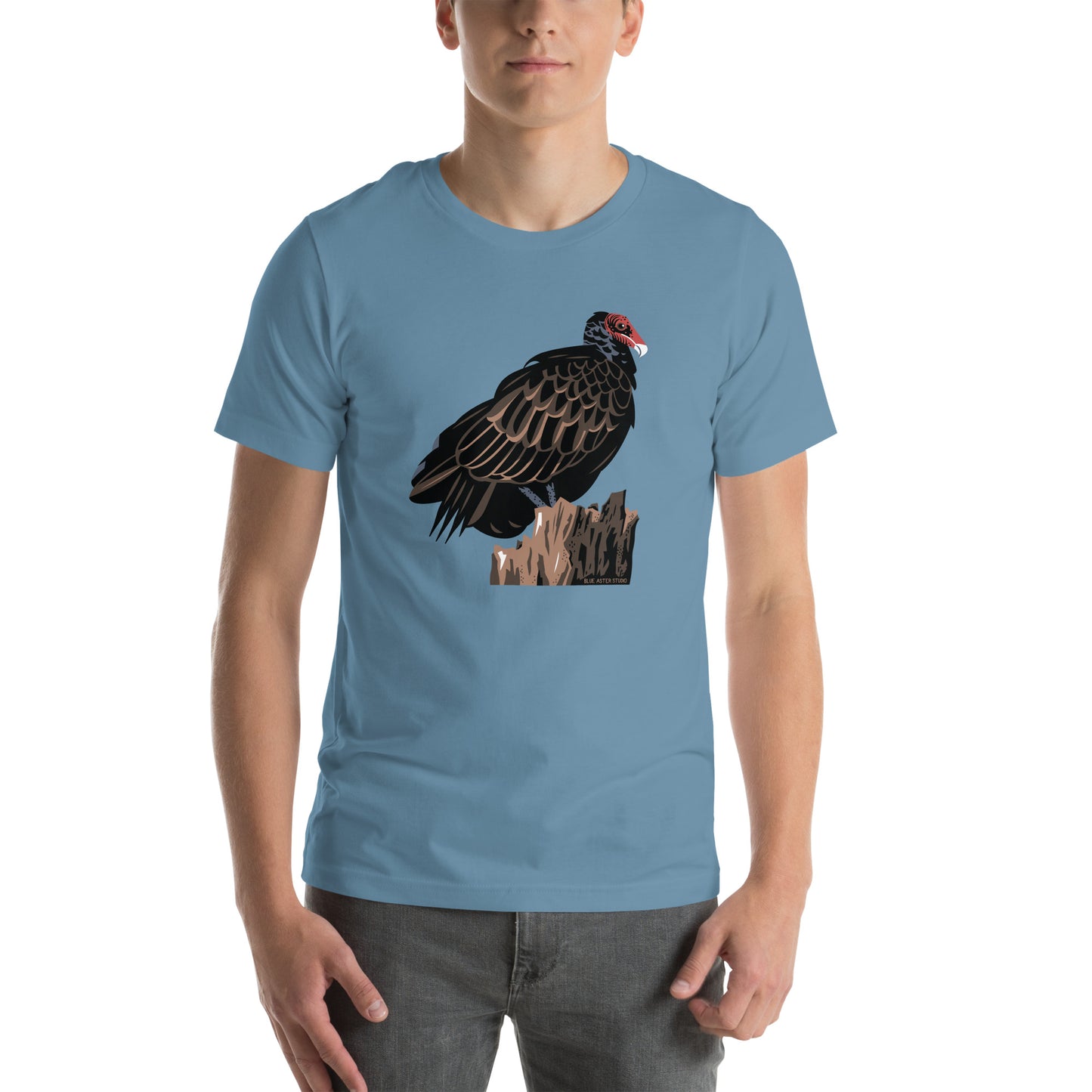 A man wearing the blue majestic turkey vulture shirt.
