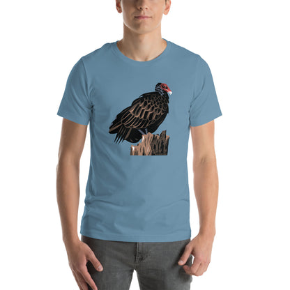 A man wearing the blue majestic turkey vulture shirt.