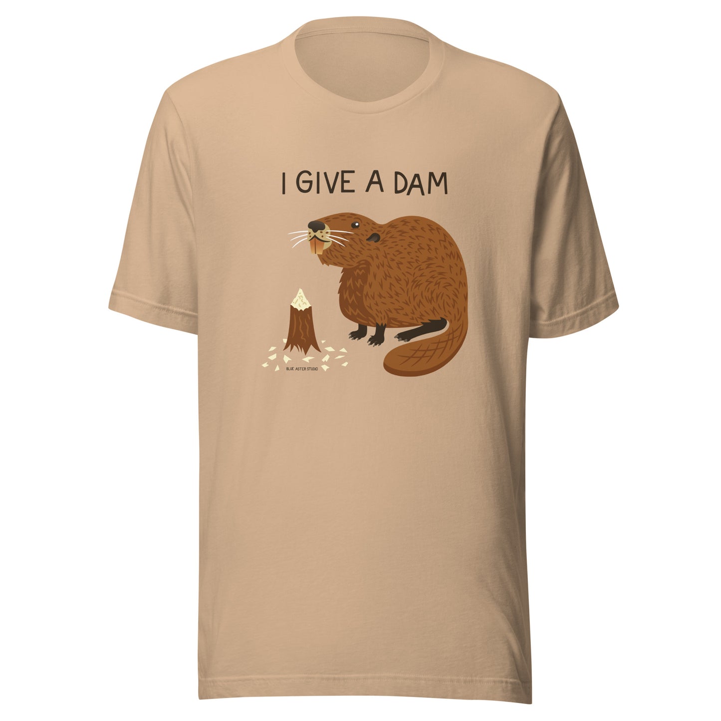 A tan unisex t-shirt with an illustration of a beaver and the words I Give A Dam printed on the front.
