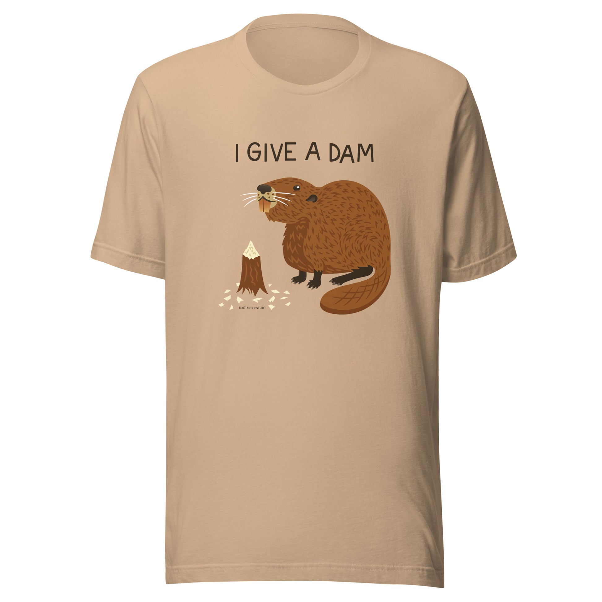 A tan unisex t-shirt with an illustration of a beaver and the words I Give A Dam printed on the front.