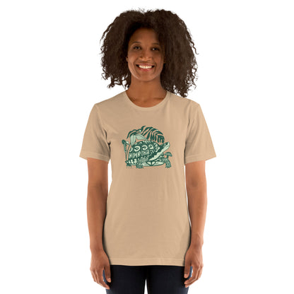 A model wearing the tan colored box turtle tee.
