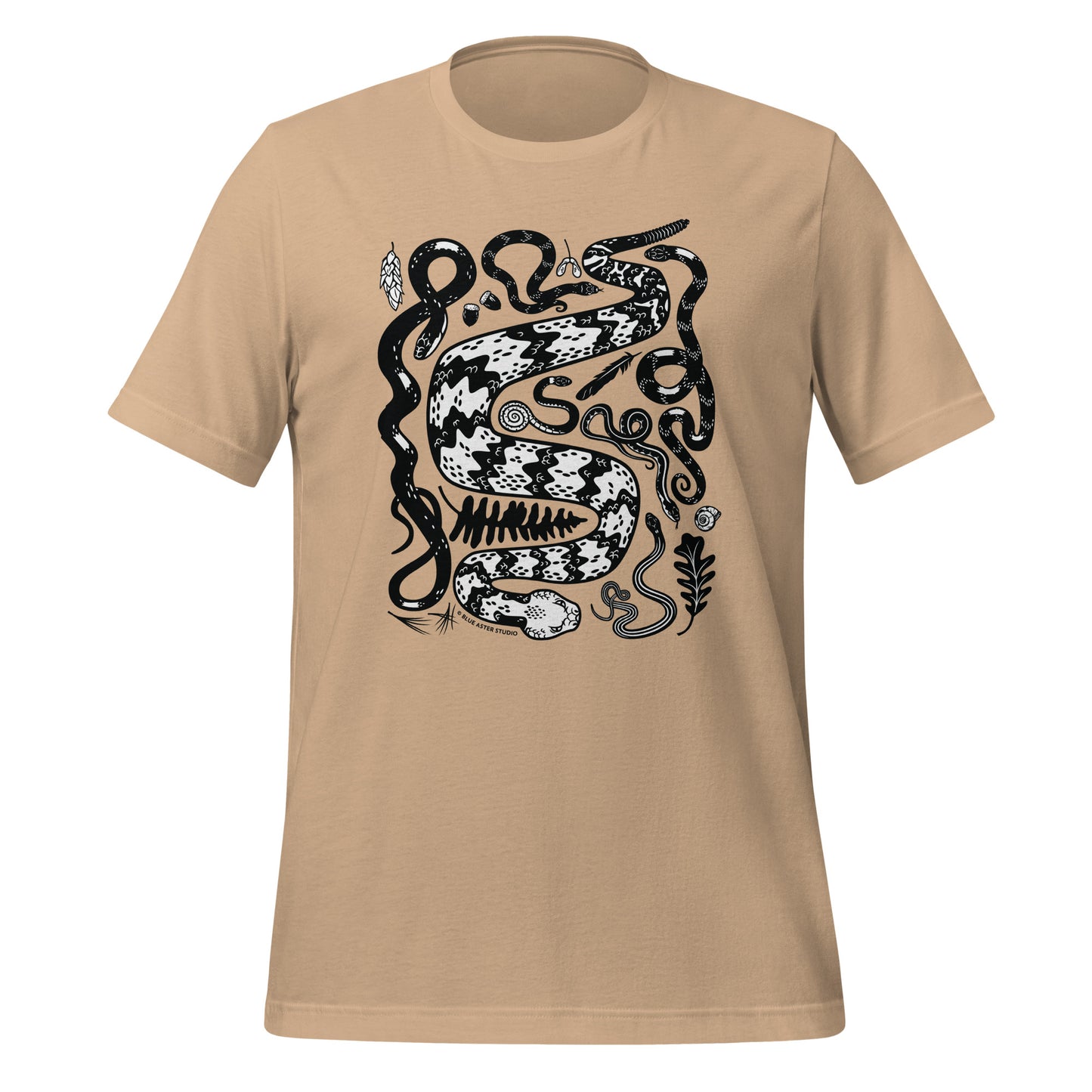 A tan short-sleeved t-shirt with seven snakes printed on the front in black and white.