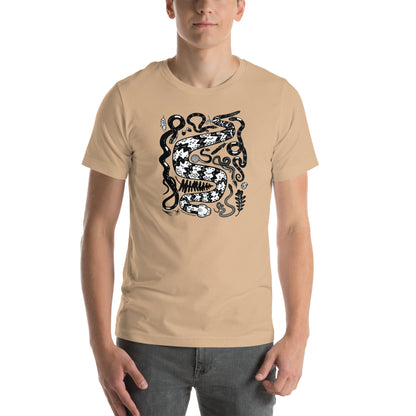 A man wearing the tan seven snakes short-sleeved tee.