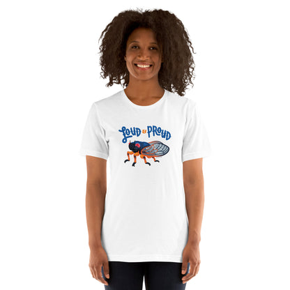 A woman wearing the unisex cicada t-shirt in white.