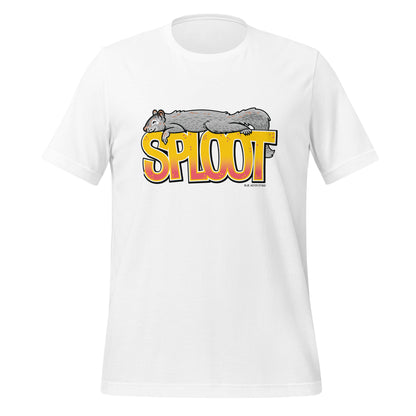 A white unisex short-sleeved t-shirt with an image of a squirrel splooting on the front.
