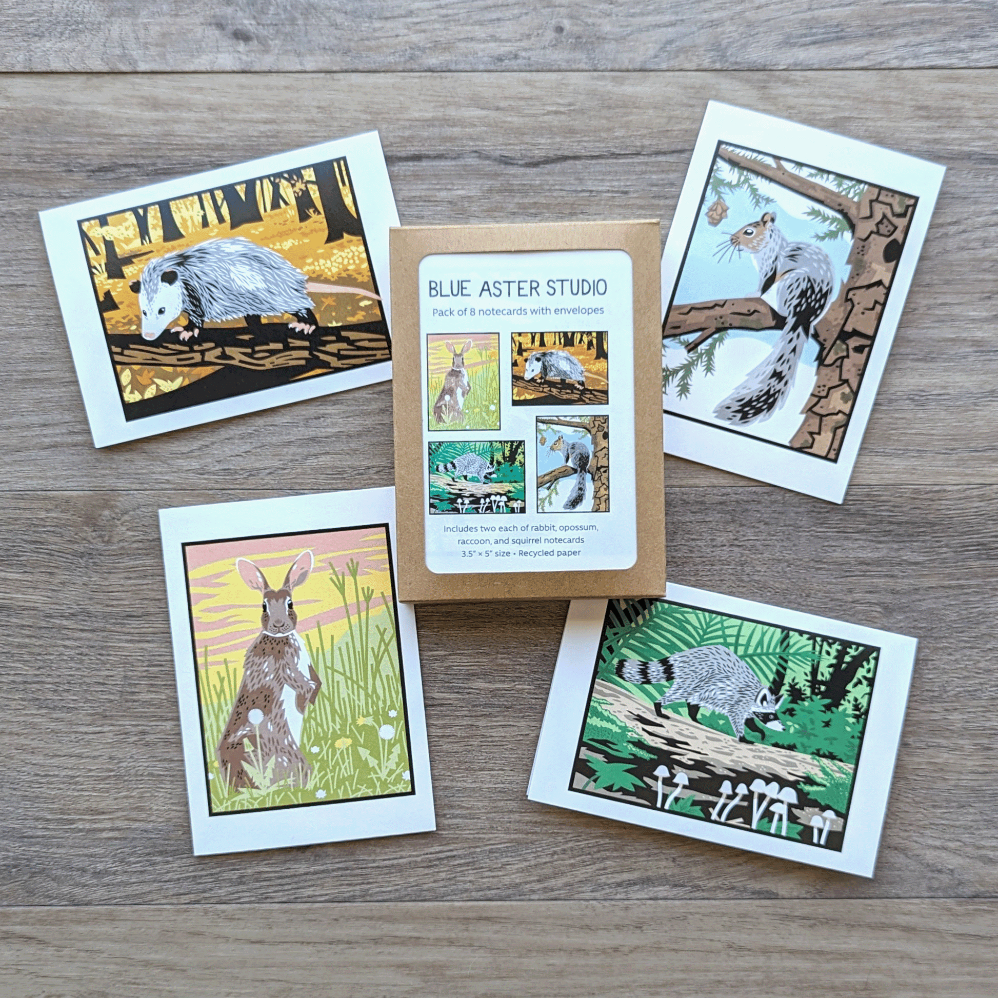 A collection of eight wildlife notecards featuring an illustration of an opossum walking on a log in the woods, a squirrel sitting on an evergreen branch, a rabbit standing in a grassy field, and a raccoon walking on a log on a forest floor. The pack includes two cards of each design plus envelopes.