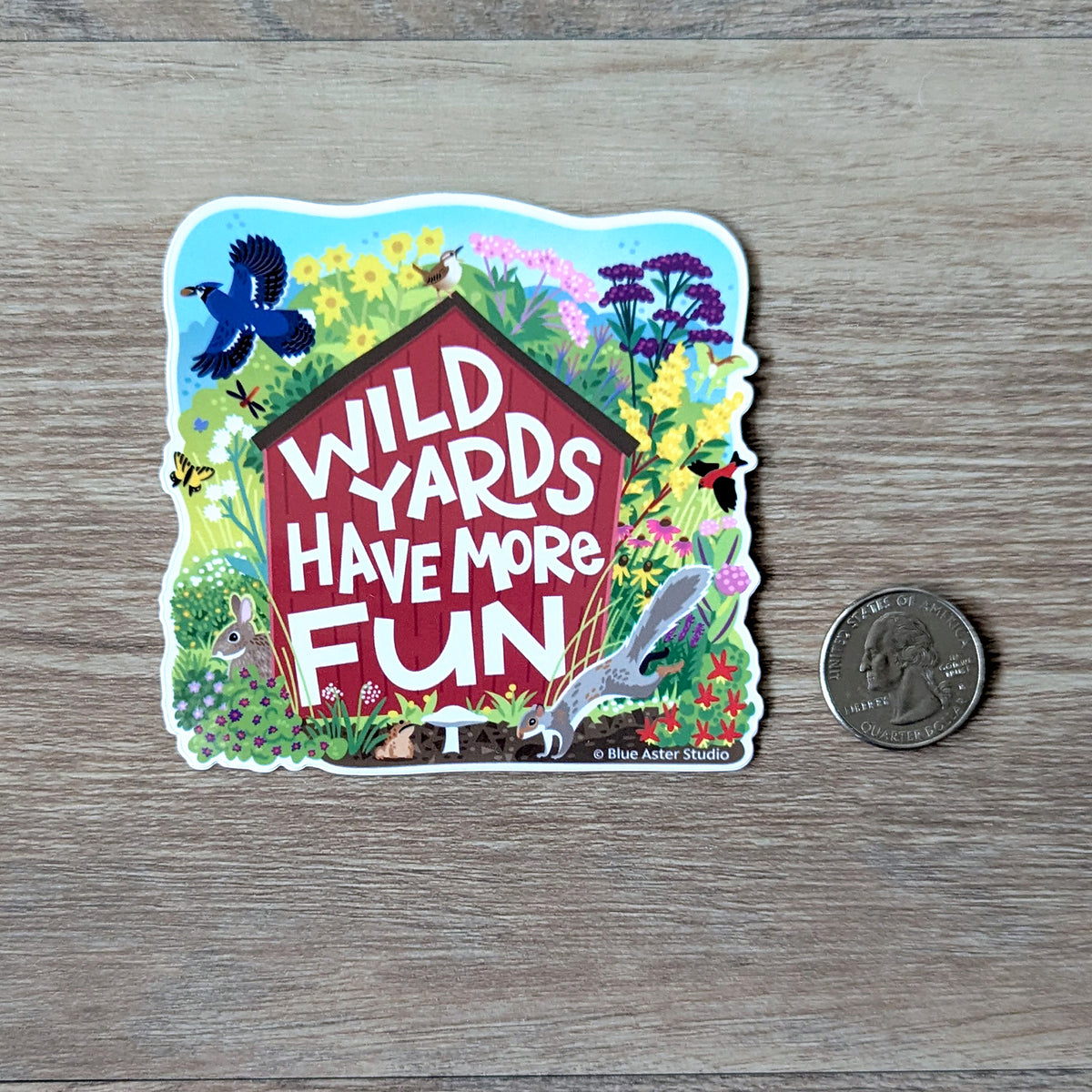 The Wild Yards Have More Fun sticker with a USD quarter for scale.