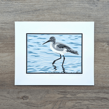 Load image into Gallery viewer, An original screen print of an illustration of a willet shorebird wading and foraging in shallow water.