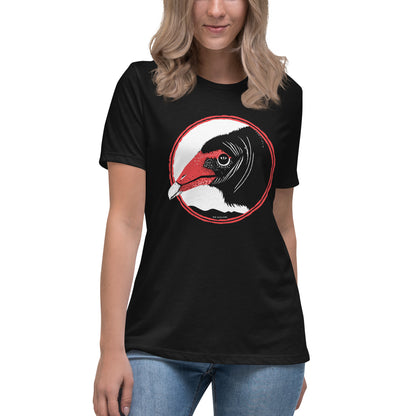 A woman wearing a turkey vulture t-shirt.