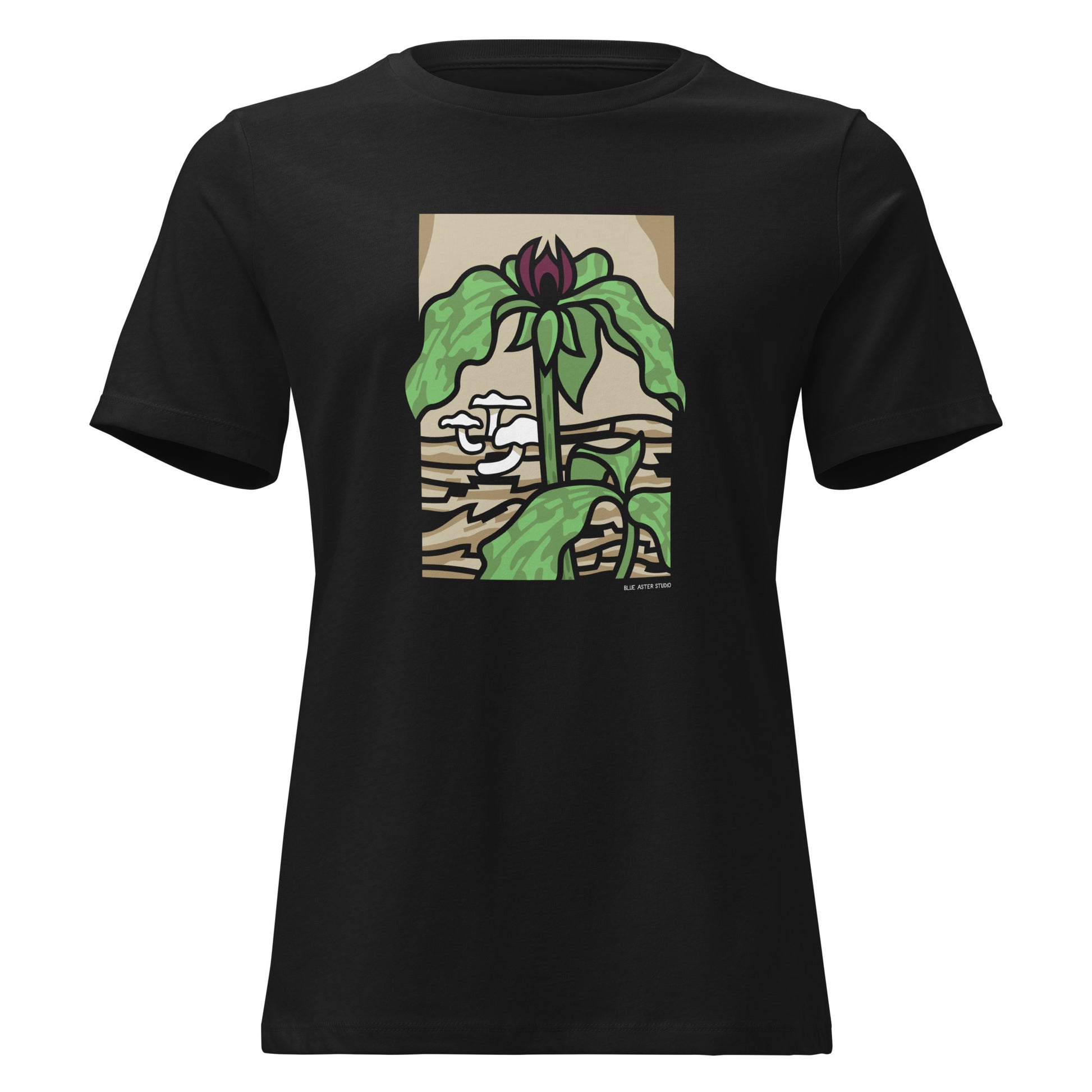 A black short-sleeved t-shirt with a prairie trillium printed on the front.