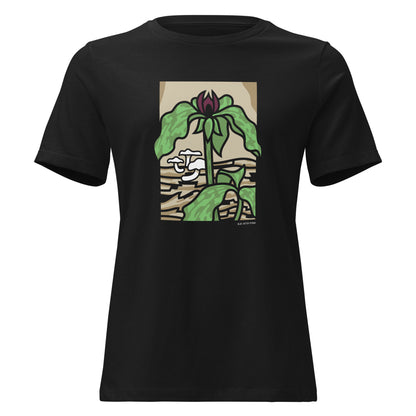 A black short-sleeved t-shirt with a prairie trillium printed on the front.
