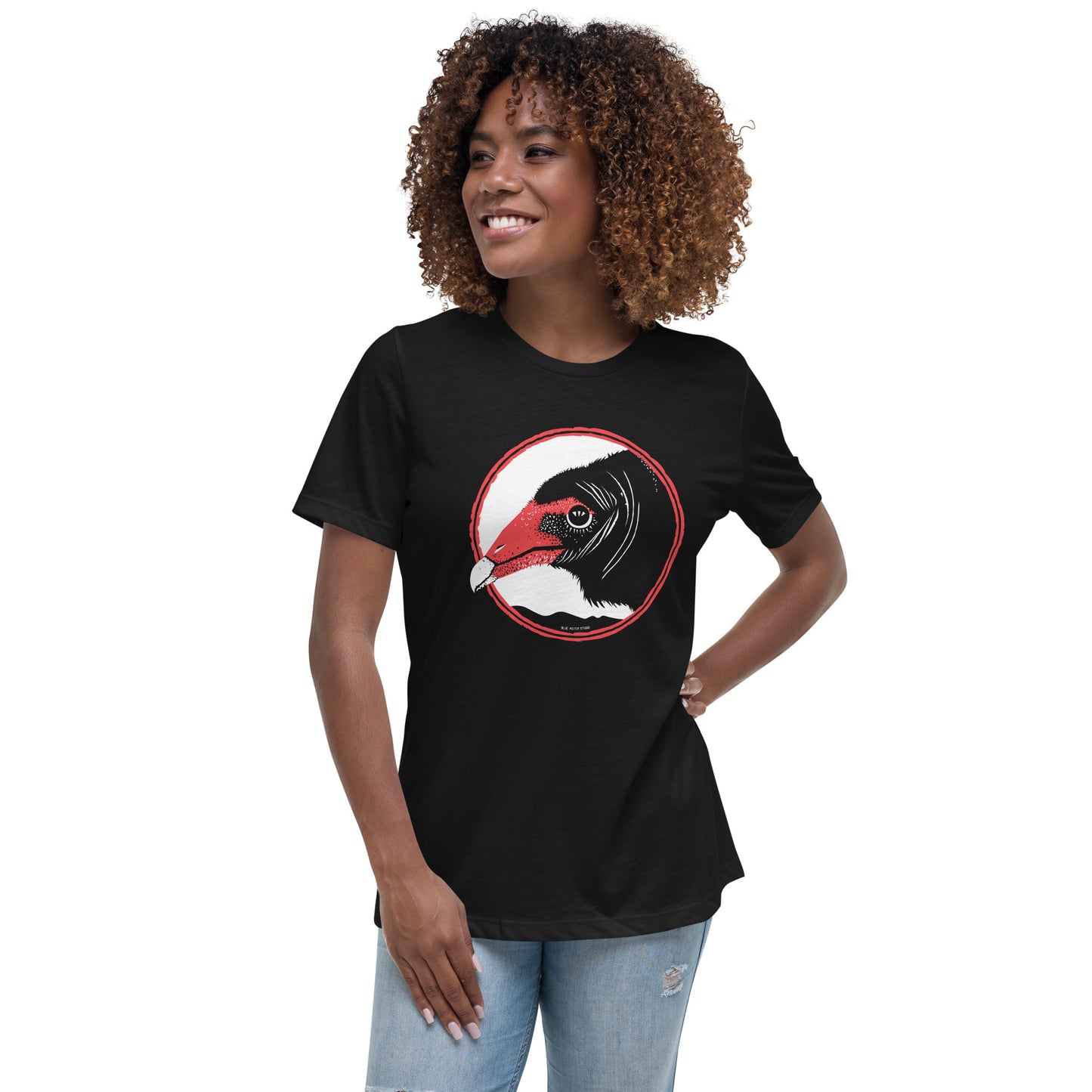 A woman modeling the turkey vulture t-shirt.