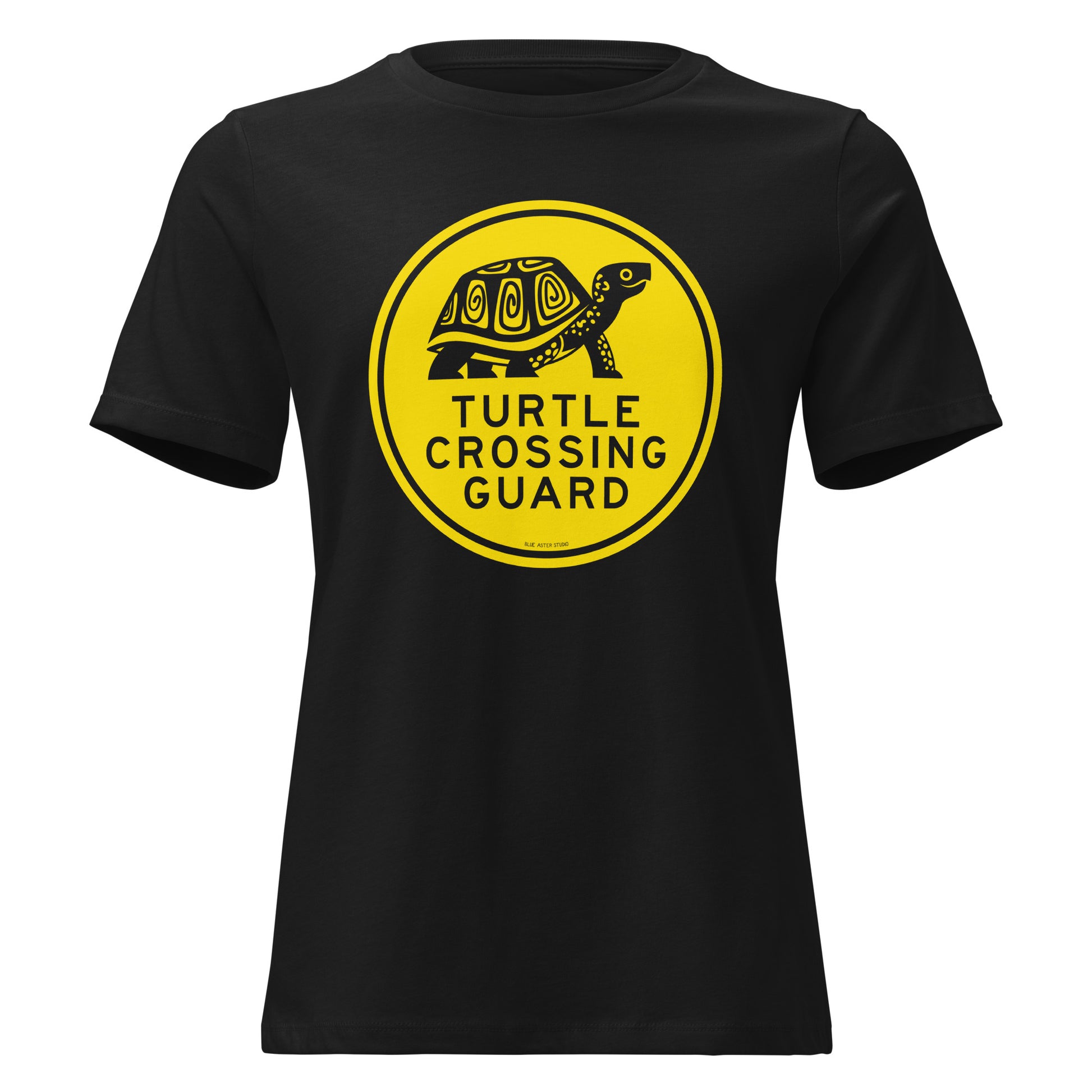 Women's turtle crossing guard t-shirt in black.