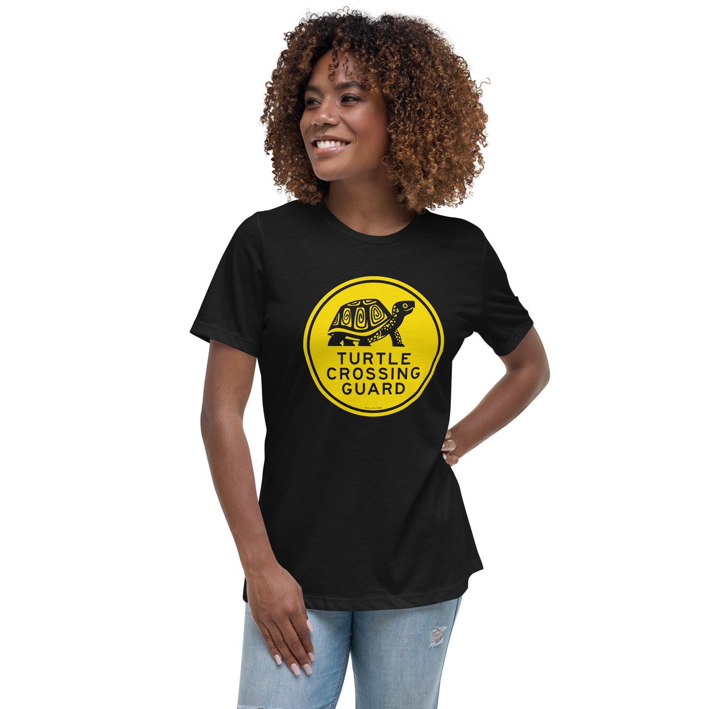Model wearing black turtle crossing guard short-sleeved t-shirt.