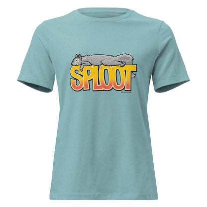 The women's heather blue squirrel sploot short-sleeved shirt.