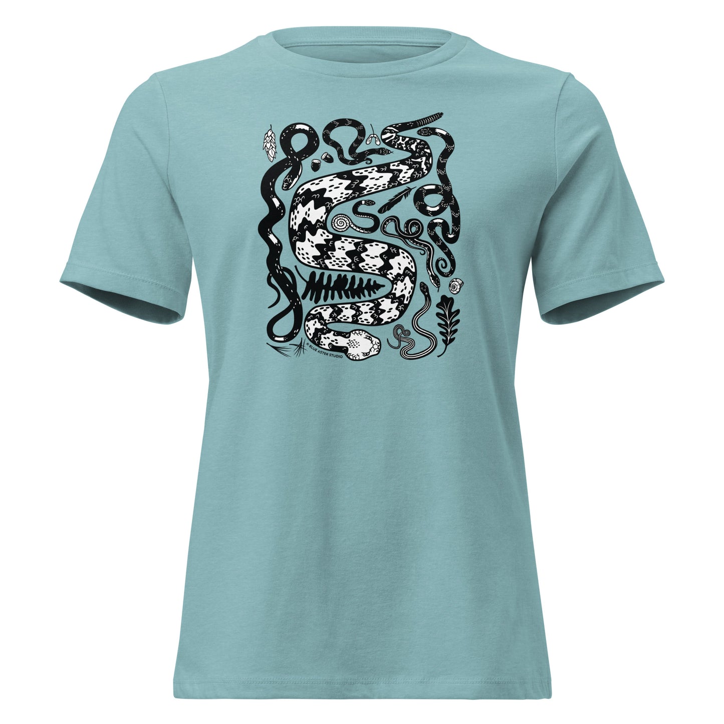 A heather blue short-sleeved t-shirt in heather blue with seven snakes printed on the front in black and white.