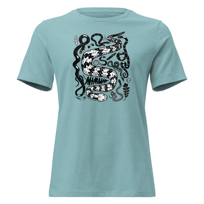 A heather blue short-sleeved t-shirt in heather blue with seven snakes printed on the front in black and white.