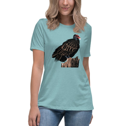A woman wearing the blue majestic turkey vulture t-shirt.