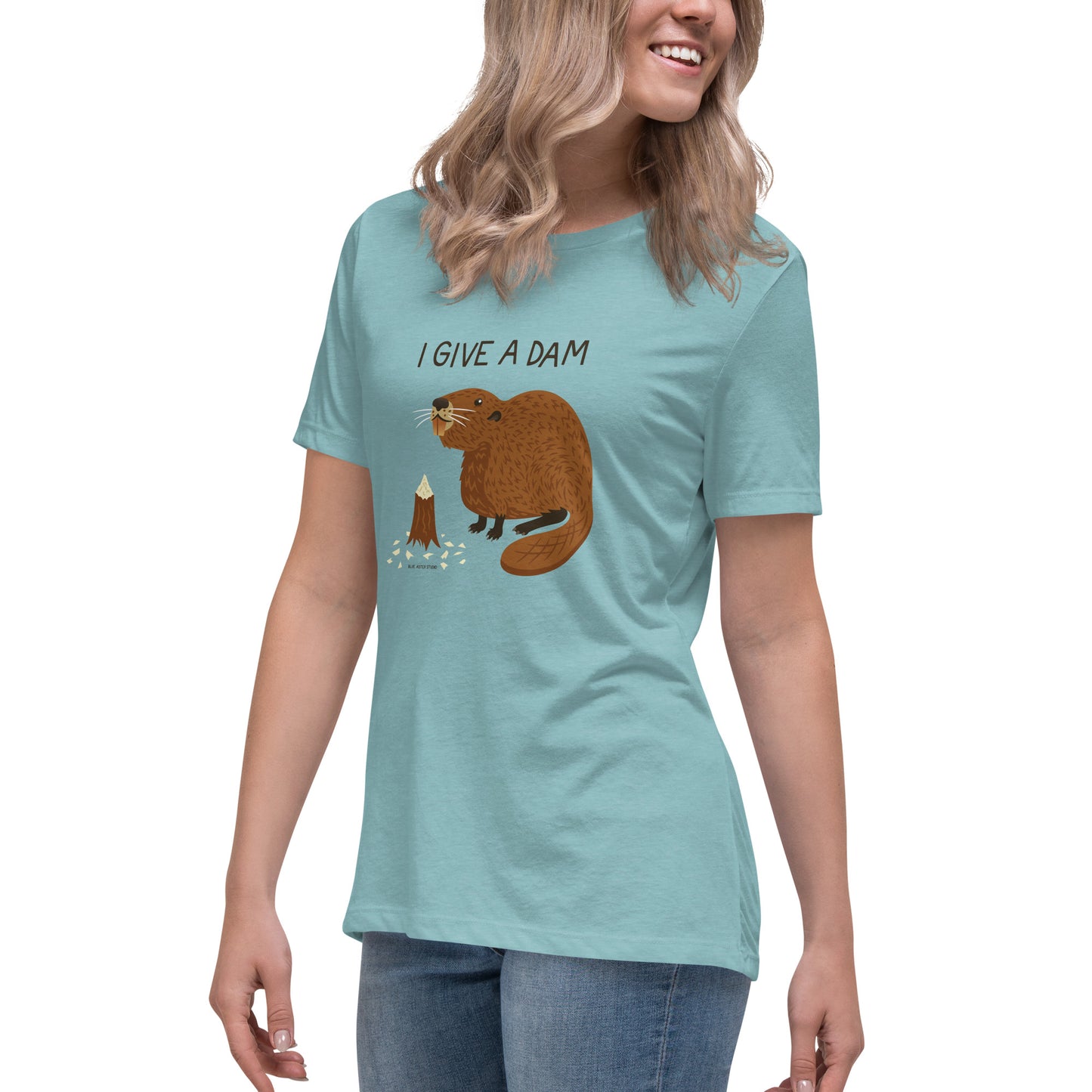 A woman modeling the blue beaver short-sleeved t-shirt.