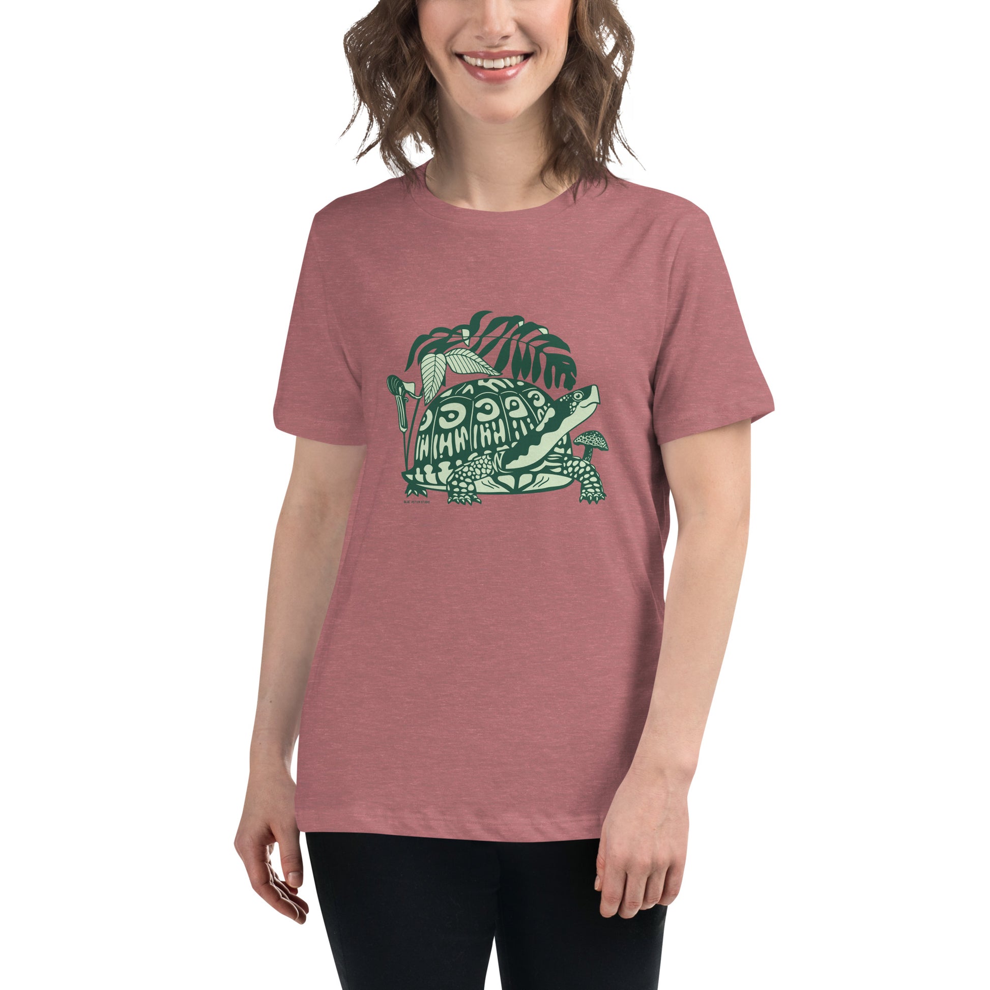Model wearing a heather mauve box turtle tee.
