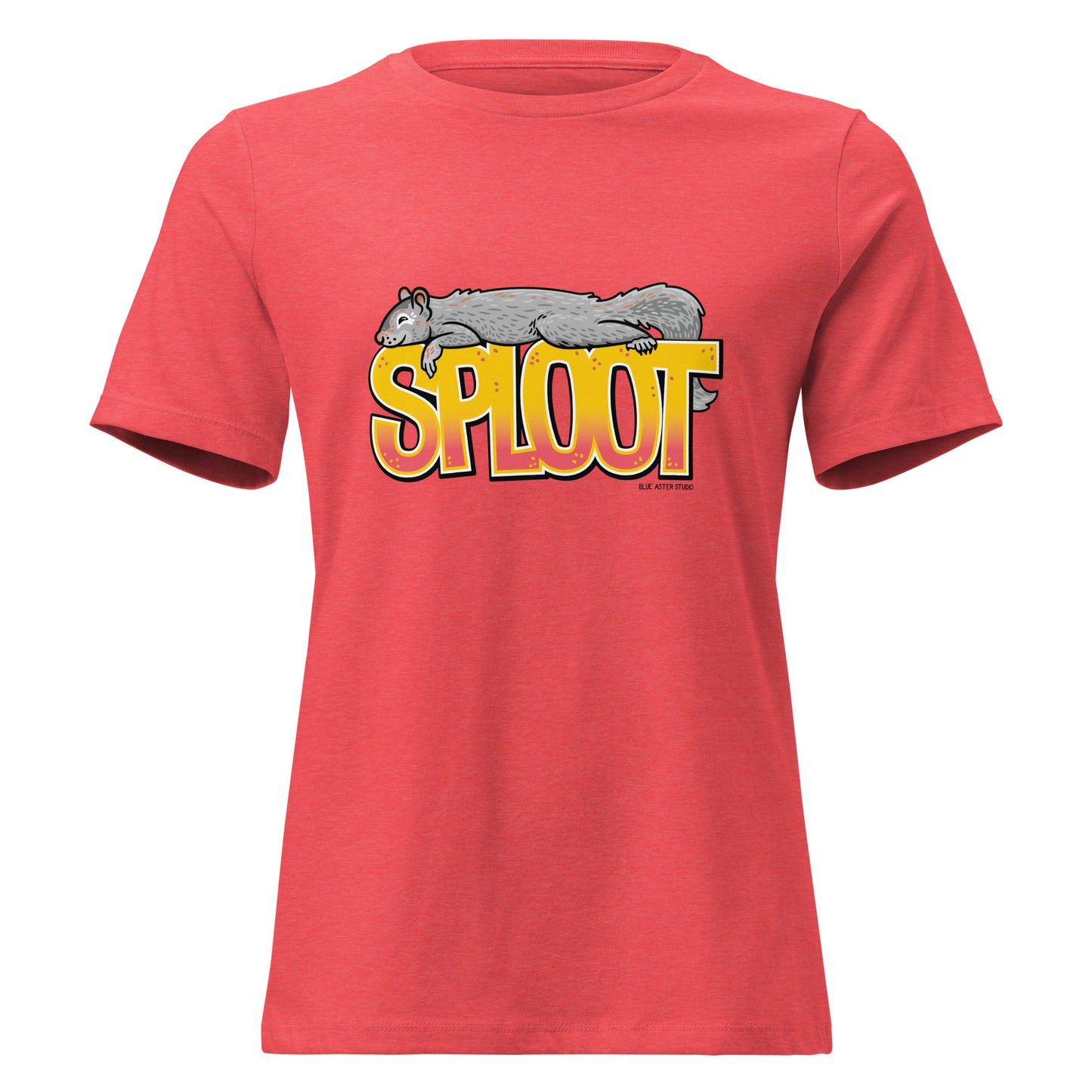The squirrel sploot shirt in the women's heather red.