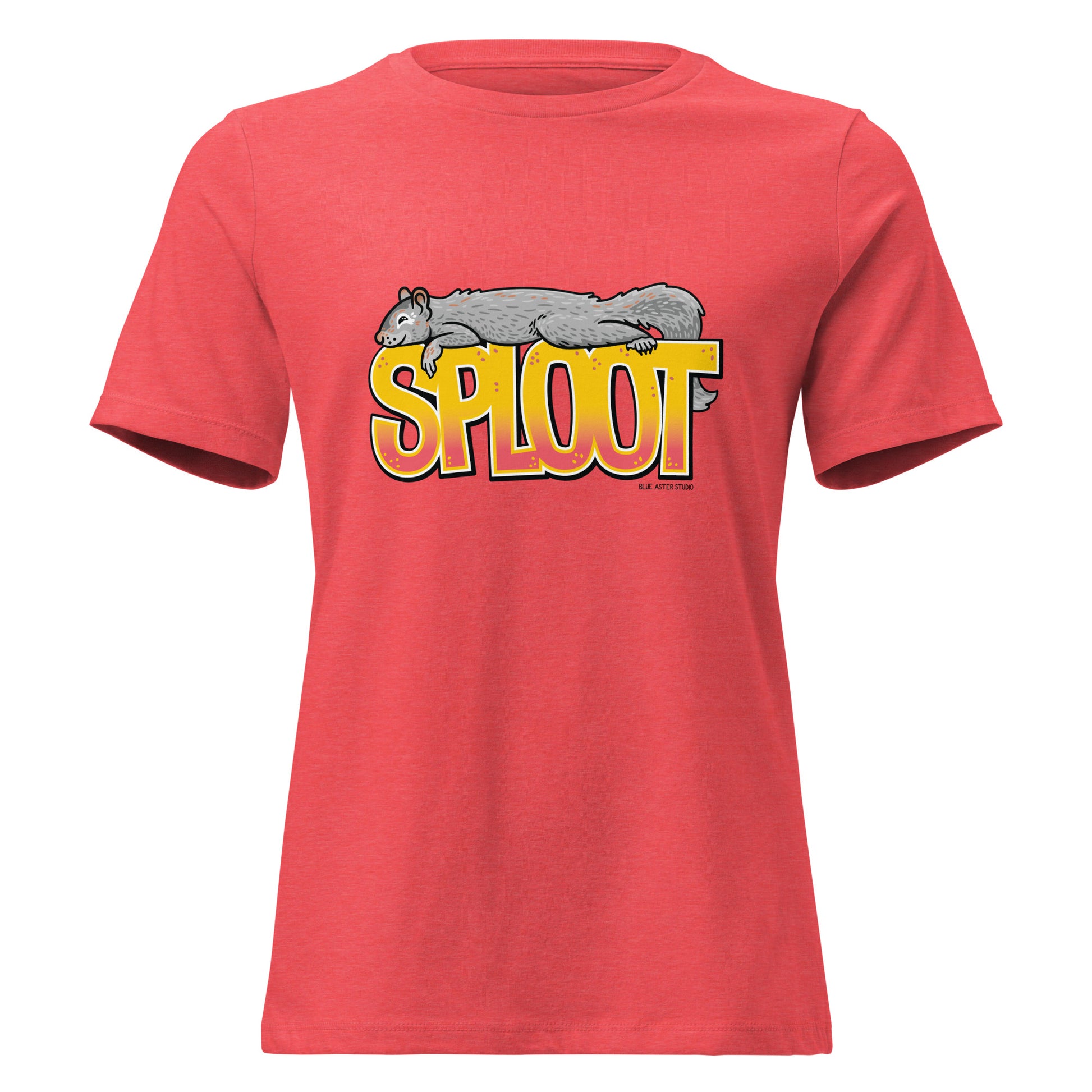 The squirrel sploot shirt in the women's heather red.
