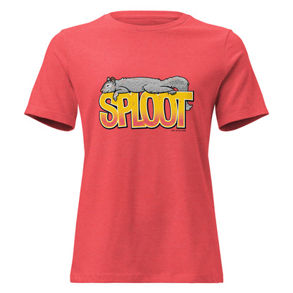The squirrel sploot shirt in the women's heather red.