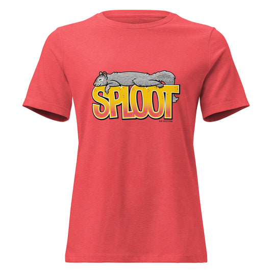 The squirrel sploot shirt in the women's heather red.