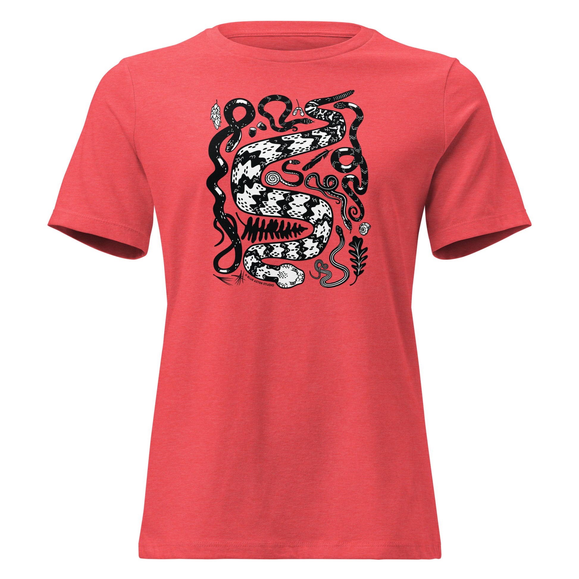 A heather red short-sleeved t-shirt in heather blue with seven snakes printed on the front in black and white.