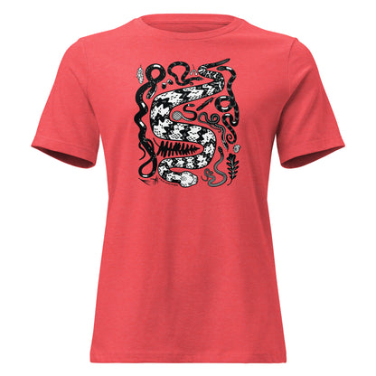 A heather red short-sleeved t-shirt in heather blue with seven snakes printed on the front in black and white.