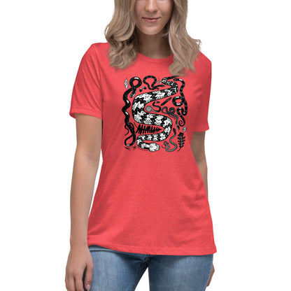 A woman modeling the seven snakes t-shirt in heather red.