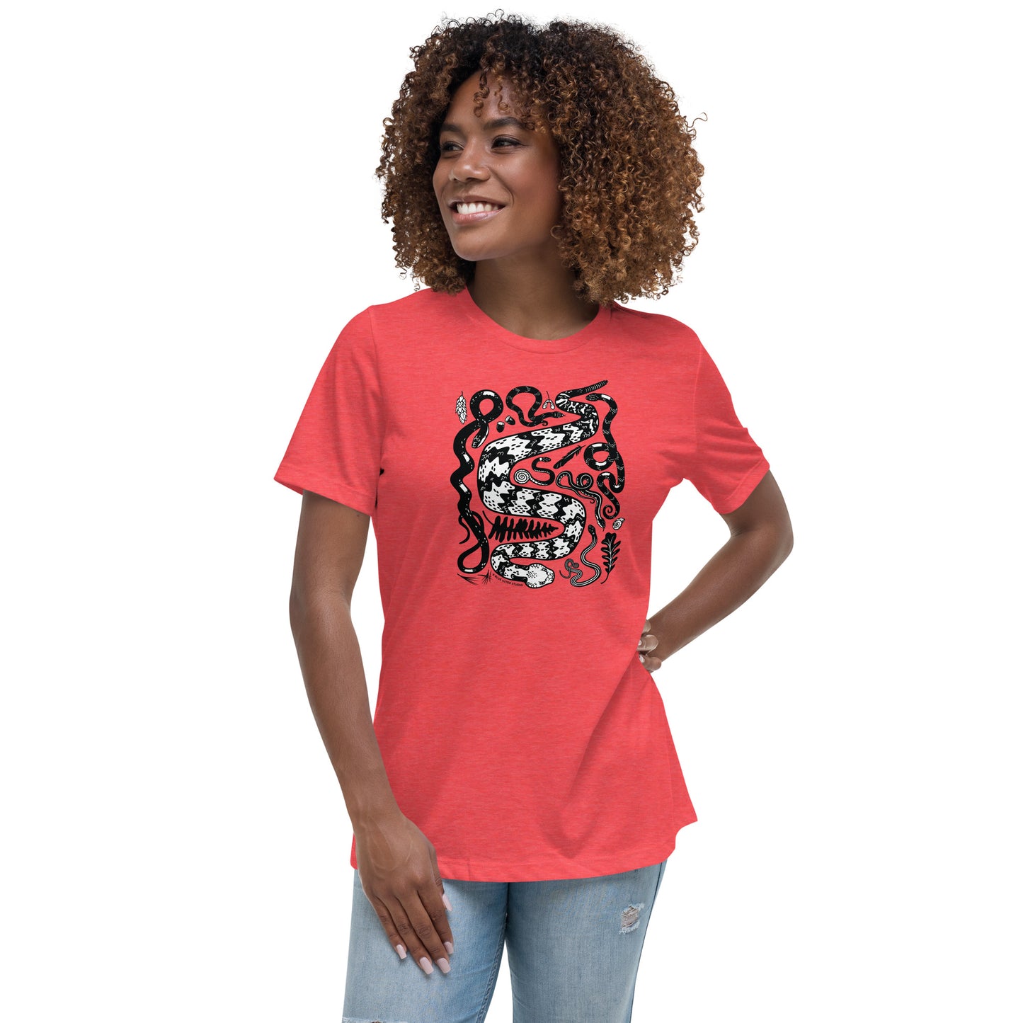 A woman showing off the seven snakes women's cut tee in heather red.